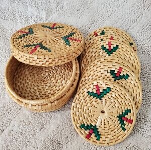Handwoven Straw Rattan Trivet/Coaster 6ct Set & Storage Basket Pink Green Design
